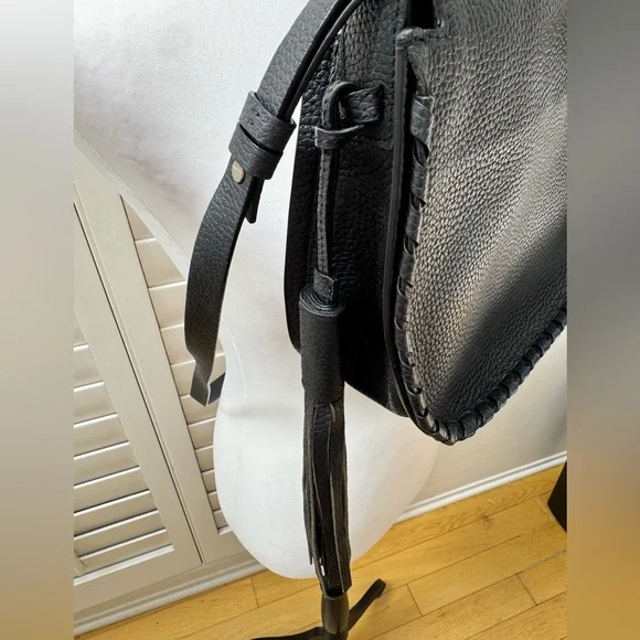 AllSaints Black Pebbled Leather Crossbody Bag with Tassel & Top Handle - Picture 3 of 9